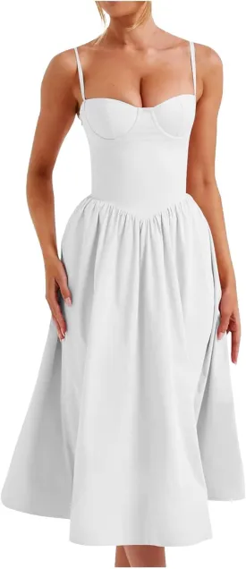 Women's Vintage Corset Dress Spaghetti Strap A-Line Midi Dress Solid Color Elegant Cocktail Party Evening Dresses