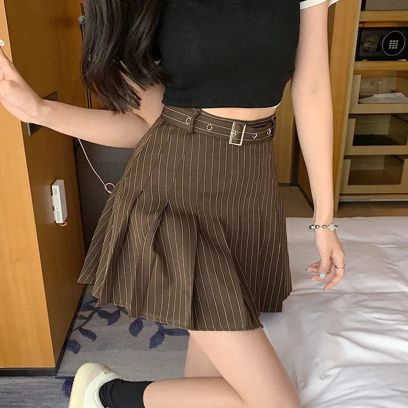 YESMYTOOL  -   Striped Pleated Skirt Women 2024 Summer Vintage Preppy Belt High Waist A-line Mini Skirt for Girls Korean Style Casual
