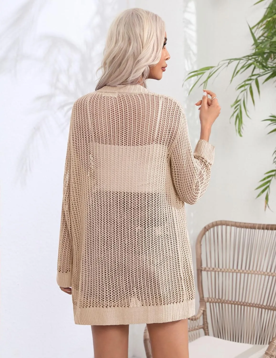 Zeagoo Women 2025 Lightweight Crochet Cardigan Long Sleeve Open Front Knit Sweater Summer Kimono Cover Up with Pockets